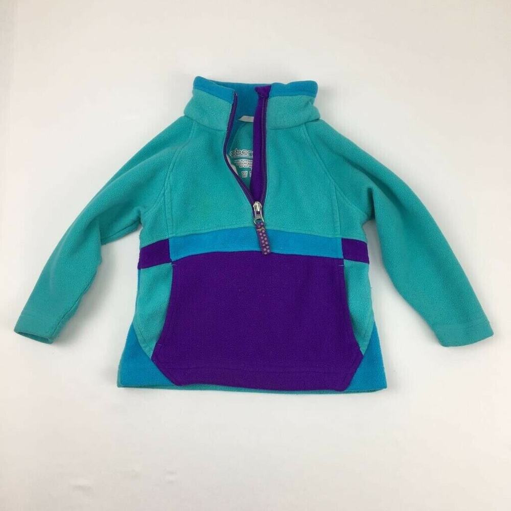 Obermeyer Girls Fleece Jacket Green Violet Colorblock 1/4 Zipper Pockets XS 1-2